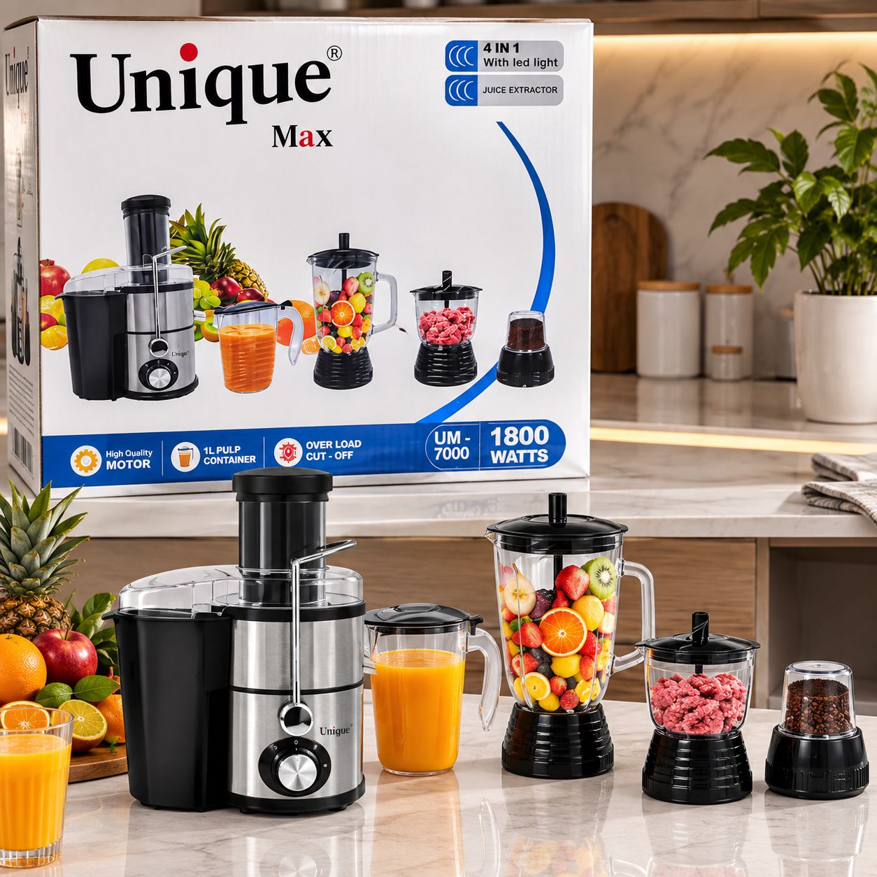 آبمیوه گیری یونیک مکس ۴ کاره مدل UM_7000 موتور ۱۸۰۰ وات